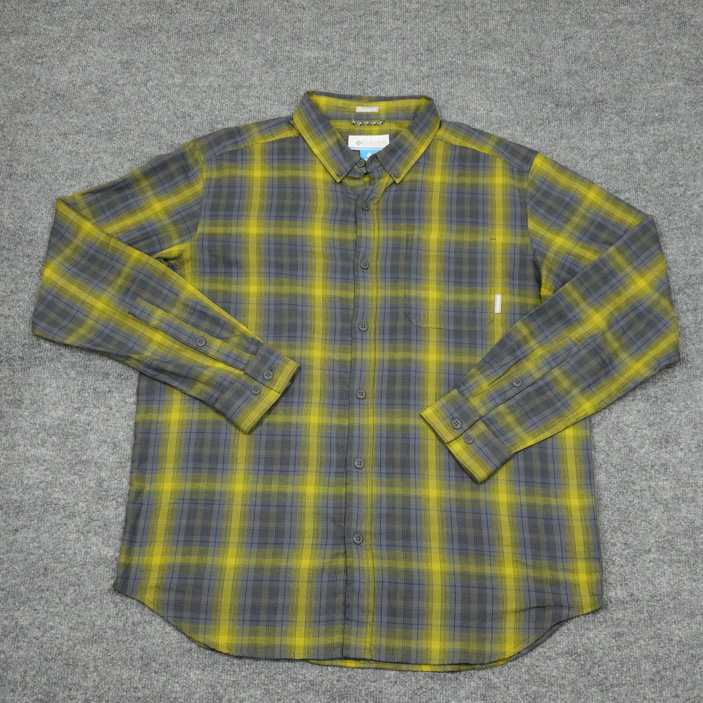 Columbia Shirt Mens Large Yellow Grey Plaid Regular Fit Stretch Long Sleeve